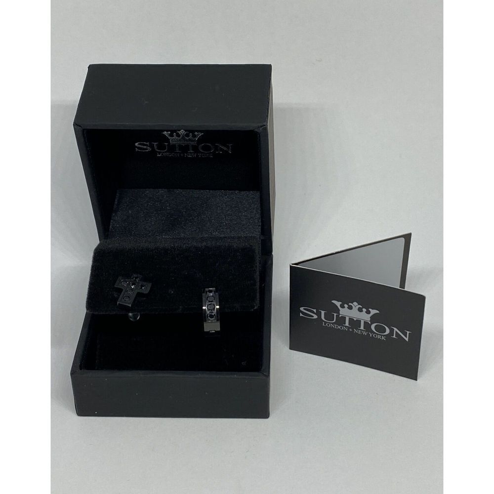 Sutton by Rhona Sutton SER014 Men's Black Ion-Plated Stud & Earrings 2-Pc JW79